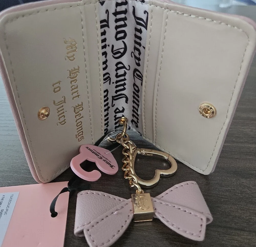 Juicy Couture Dusty Blush Wallet – Gold Logo Keychain & Bow Charm